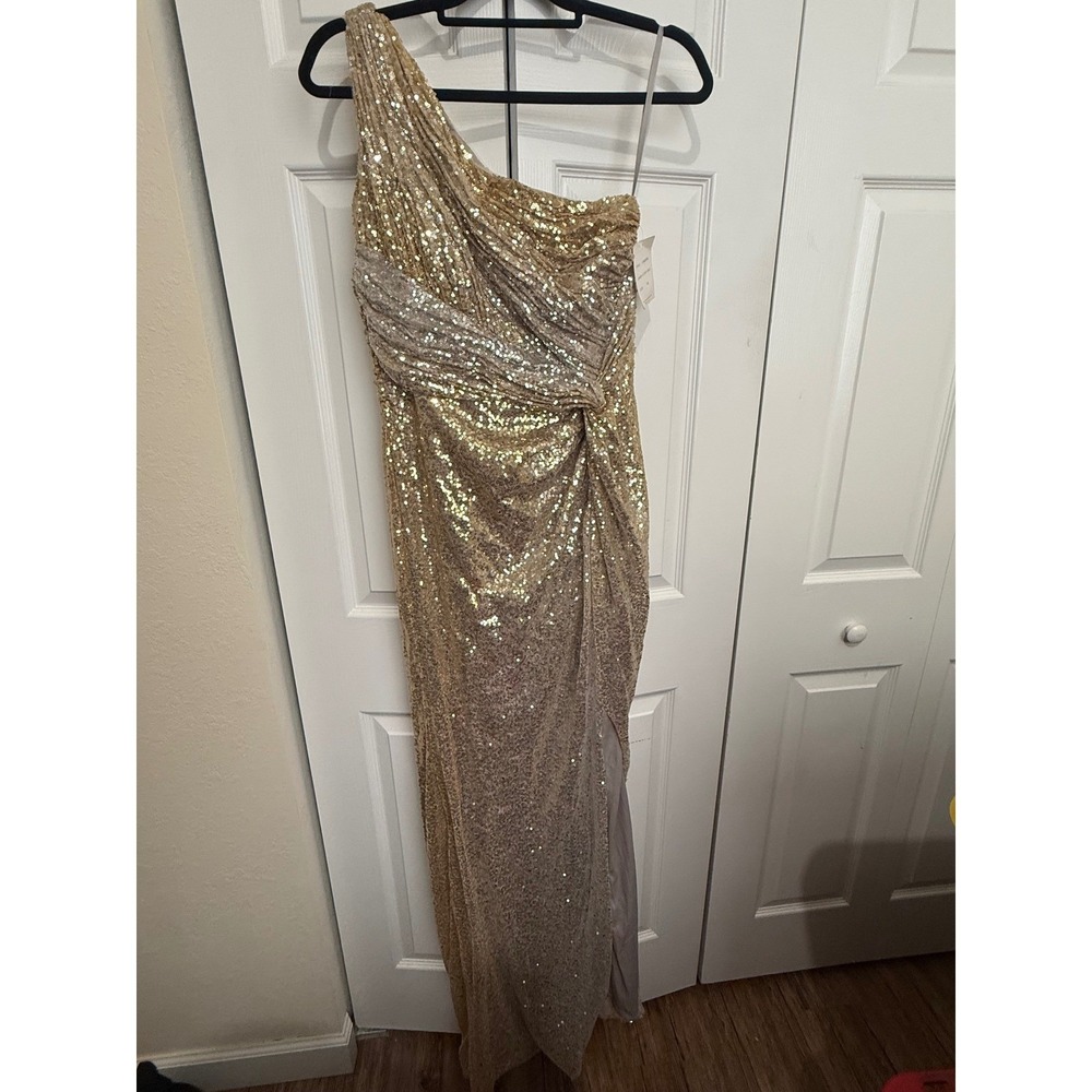 Rene Ruiz 10 Silver Gold Sequin Maxi Gown One Shoulder Ruched Slit Dress NWT